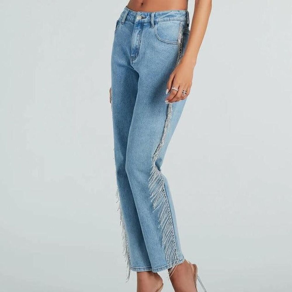 Windsor She Glistens High-Rise Rhinestone Side Fringe Denim Jeans Size 1